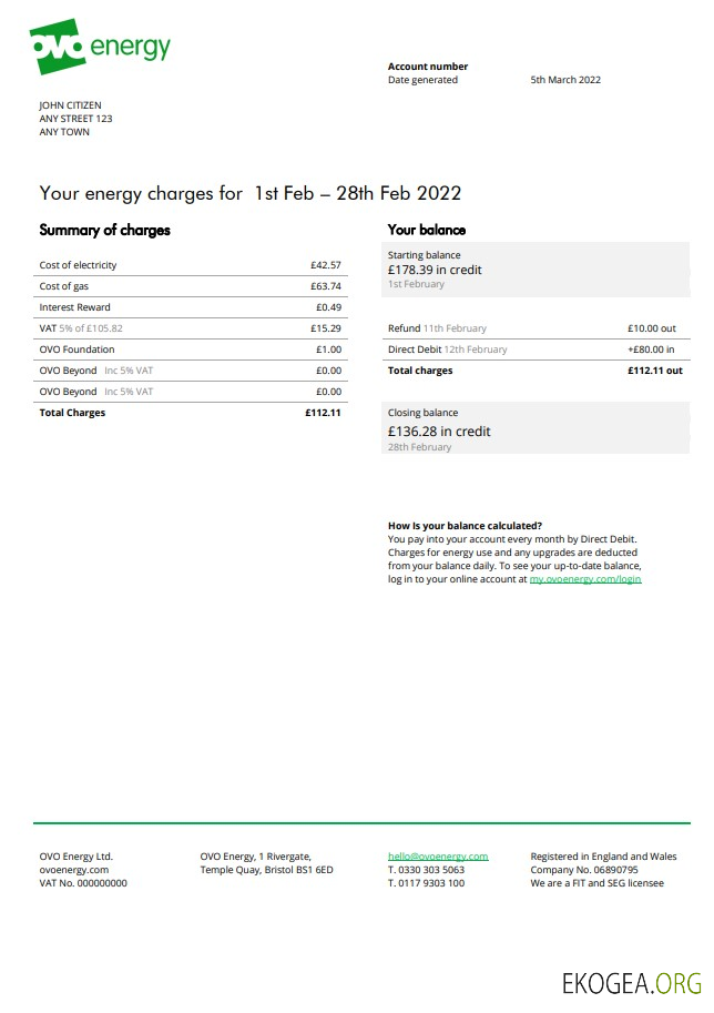 United Kingdom Ovo Energy electricity bill, Word and PDF template